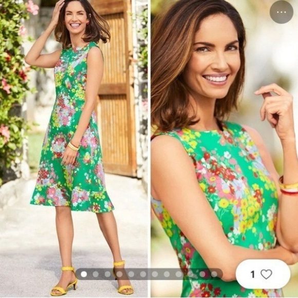 TALBOTS Green Cotton Blend Floral Flounce Hem Sleeveless Shift Dress Women’s 6 - Picture 2 of 9